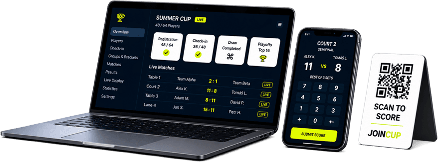 JOINCUP organizer dashboard, mobile scoring and QR score stand